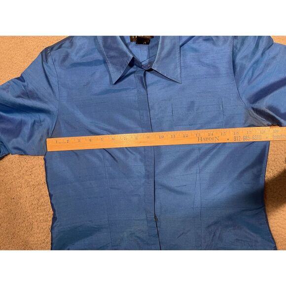 Vintage Finity Blouse 100% Silk Blue Button Up Short Sleeve Collared Size 10‎ - Picture 4 of 7